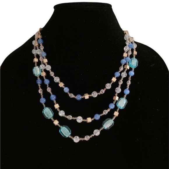Vintage - Blue Glass Bead Triple Strand Necklace - Picture 1 of 4